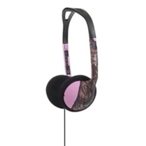 Koss KMO15g on-ear headphones with stylish pink camo design, perfect as bulk school headphones for outdoor use.